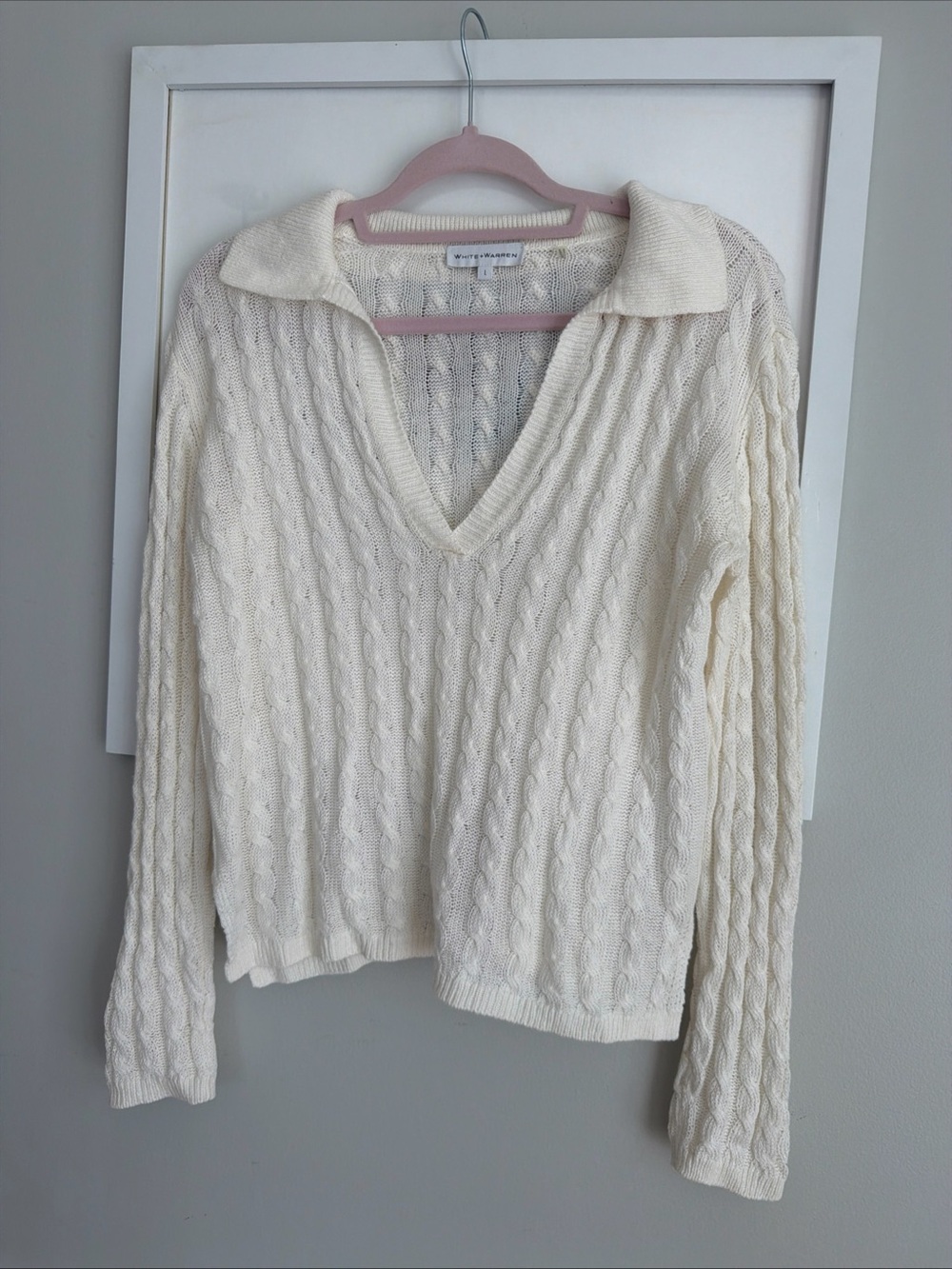 White + Warren Cream Cable V-Neck Sweater with Collar Linen Large